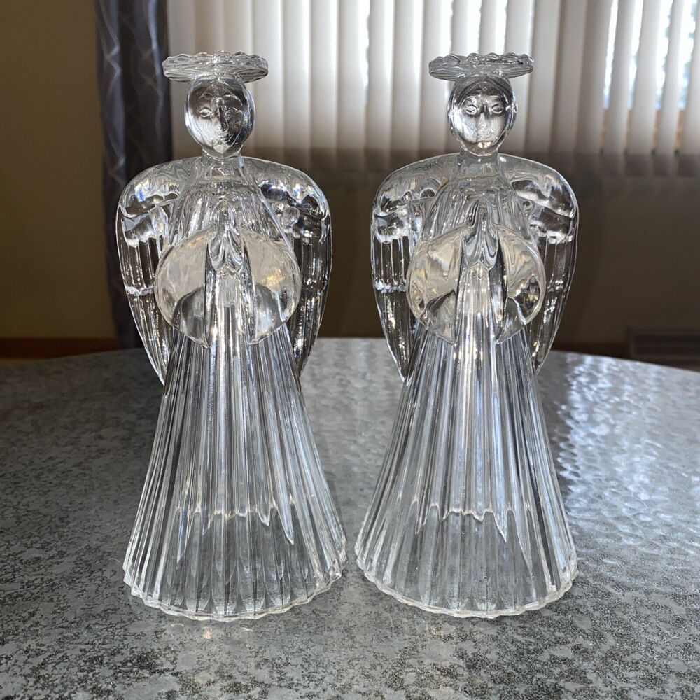 Vintage Avon 24% Lead Crystal Glass Praying Angels Candle Holders Set of 2 7”